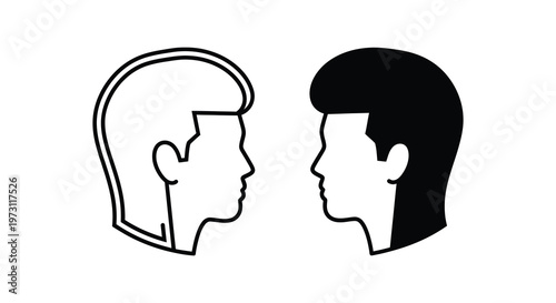 Two facing heads in a minimalist black and white design silhouette