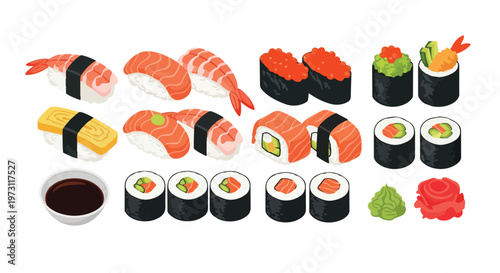 Vibrant Assortment of Delicious Japanese Sushi and Nigiri Creations with Various Toppings and Accompaniments