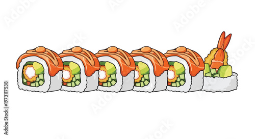 A Delightful Row of Delicious Sushi Rolls with Salmon and Shrimp Ready to Be Enjoyed