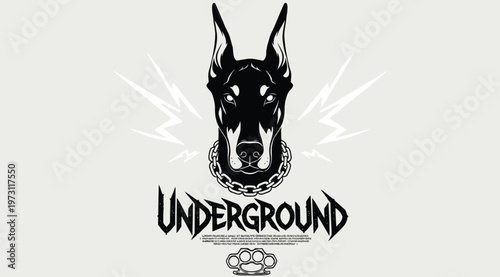 Doberman dog head logo with chain collar and brass knuckles, vector illustration for underground streetwear brand