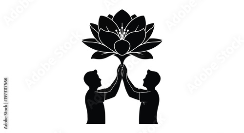 Two stylized figures hold a blooming lotus flower, symbolizing growth and connection