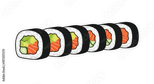 Vibrant illustration of a delectable sushi roll assortment featuring fresh salmon and crisp cucumber fillings presented on a clean white background,