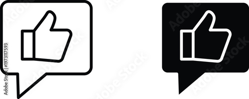 Thumbs up icon set in speech bubbles, social media like button vector illustrations, black and white feedback symbols for digital marketing