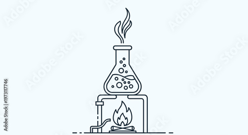 Scientific experiment illustration showing a glass laboratory flask heating over a small fire with rising steam and bubbles.