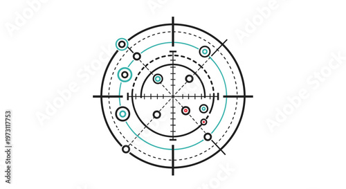High tech radar target display screen with circular grids and multiple tracking points representing detection and navigation.