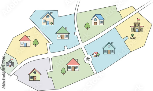 colorful illustration of a neighborhood with houses and a park