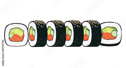 A charming and simple illustration of a delectable sushi roll arrangement showcasing fresh salmon and creamy avocado filling