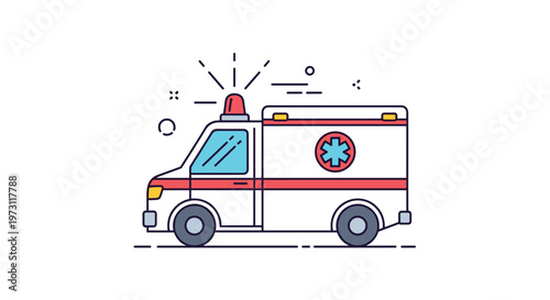 Emergency ambulance vehicle icon with red siren light and medical cross symbol on white background for health services.