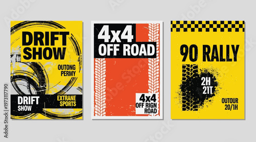 Set of three extreme racing event posters with drift show, 4x4 off road and rally competition typography and grunge tire tracks