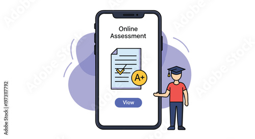 Mobile phone displaying an online assessment form with an A plus grade and a student figure for digital education concept.