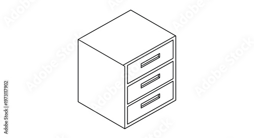 Isometric view of a three drawer office cabinet in simple black and white line art for storage and organization conceptual use.