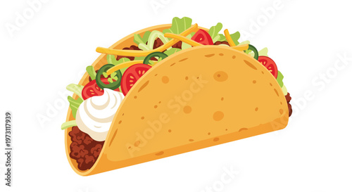 A vibrant illustration of a loaded taco filled with delicious ingredients, presented in a simple graphic style
