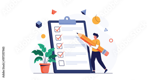 Man holding a giant pencil while filling out a large checklist on a clipboard with colorful geometric shapes in background.