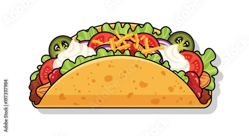 A Vibrant and Flavorful Cartoon Illustration of a Fully Loaded Taco, Featuring Fresh Ingredients and Bold Colors