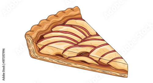 Artistic illustration of a tempting slice of golden apple pie with flaky crust and sweet apple filling on a white background