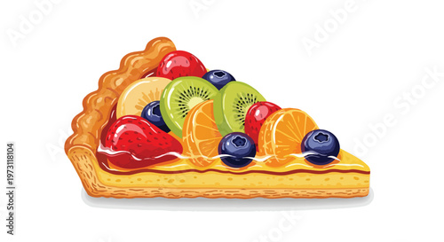 Vibrant Slice of Fruit Tart Artfully Decorated with Fresh Berries and Citrus Slices