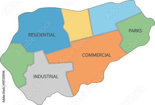City zoning map with residential commercial industrial and park areas