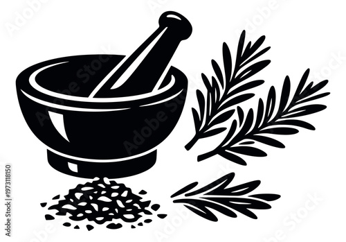 Line art culinary set featuring a mortar and pestle, rosemary sprigs, and peppercorns for cooking
