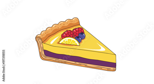 A vibrant slice of citrus tart adorned with fresh berries and a lemon wedge, perfect for culinary themes