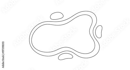 Simple abstract fluid outline shape with two smaller inner shapes and three outer circles for minimalist graphic design elements.