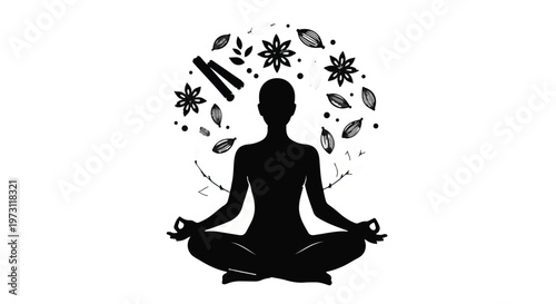 Silhouette of a person meditating with nature elements blooming around their head