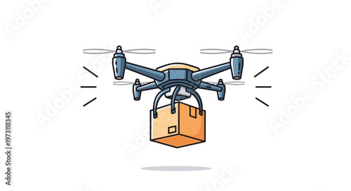 Delivery drone carrying a cardboard box package while flying through the air for modern logistics and shipping technology concepts.