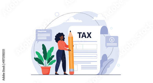 African American woman holding a giant pencil next to a large tax document for personal finance and accounting services concept.