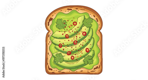 Vibrant illustration of a perfectly toasted slice of bread generously topped with creamy avocado slices and a sprinkle of red chili flakes and fresh