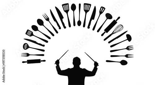 Chef conducting an orchestra of kitchen utensils, symbolizing culinary harmony and creativity.