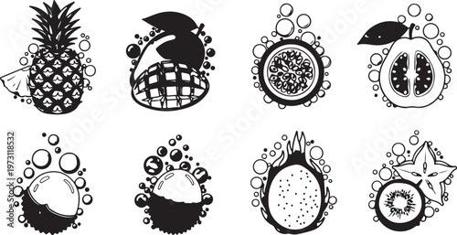 A vibrant collection of cartoon fruits and vegetables with expressive faces Vector