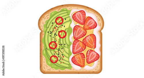 A visually appealing depiction of a toast slice divided into two distinct halves, one featuring sliced avocado and chili, the other showcasing