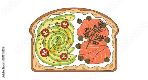 Artistic rendering of a gourmet toast featuring creamy avocado, smoked salmon, and capers on a wholesome bread base