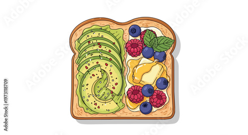 Artistic Illustration of a Gourmet Avocado Toast Topped with Fresh Berries and Drizzled Honey for a Healthy Breakfast Delight