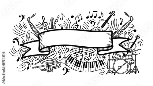 Music instruments and notes illustration.