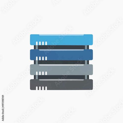 A stack of four stylized data storage devices or server units in varying shades of blue and grey, depicted with a flat design aesthetic.
