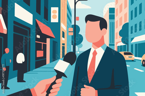 Man in suit and tie interviewed on city street with microphone and urban background, stylized vector illustration.