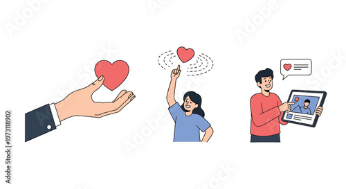 Diverse set of hands expressing love and positive social media engagement through heart icons and digital interaction on mobile devices.