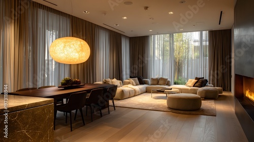 Minimal living space with automated curtains and lighting