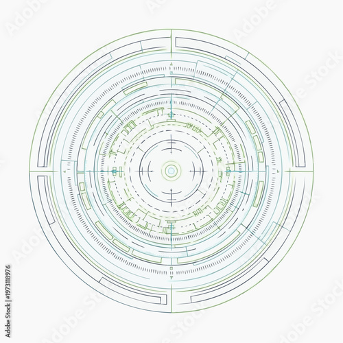 Intricate circular abstract design with concentric and radial lines resembling a futuristic circuit board or target display.
