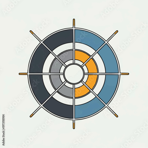 Stylized graphic illustration of a ship's wheel or target with concentric circles and spokes in blue, grey, and orange colors on a light background.