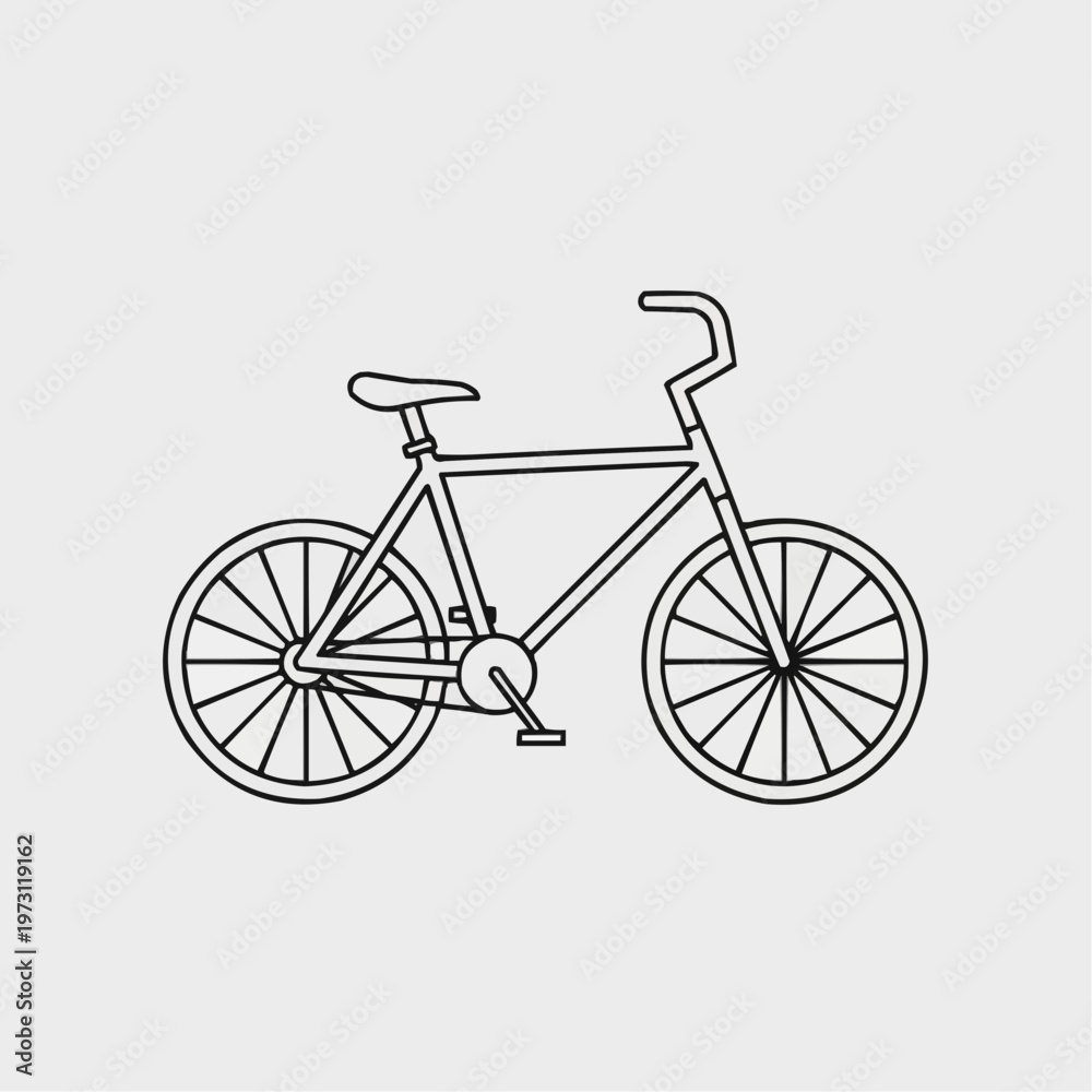Fototapeta premium A simple line art drawing of a bicycle, depicted in a side profile view with a black outline on a light grey background.