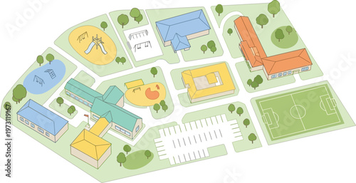 School campus layout with buildings and playgrounds
