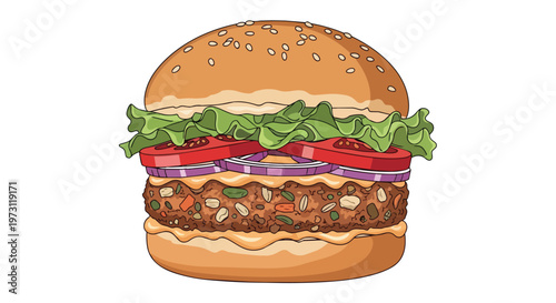 Deliciously Crafted Vegetable Burger Illustration With Fresh Ingredients And A Toasted Sesame Seed Bun