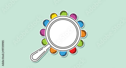 White magnifying glass icon surrounded by colorful circular buttons representing search functionality and diverse options on a website.