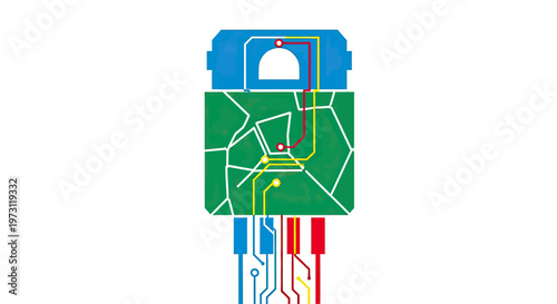 Abstract representation of a blue component connected to a green segmented surface via red and yellow circuits