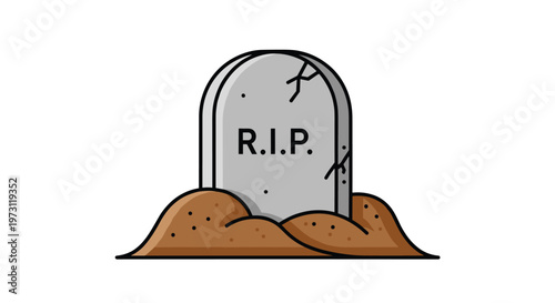 Simple line art drawing of a tombstone with RIP text placed in a pile of earth to symbolize death, mourning, and cemetery commemoration.