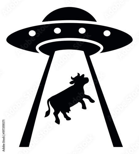 Black silhouette illustration of a ufo and cow depicting an alien abduction for science fiction themes