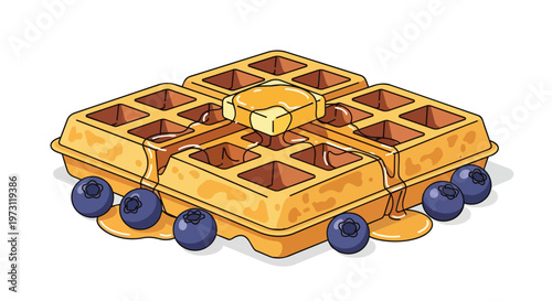 Delicious Cartoon Waffle Stack Drizzled with Syrup and Adorned with Fresh Blueberries and Butter