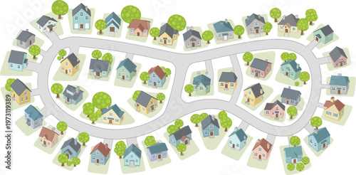 Colorful cartoon neighborhood with houses and trees on a winding road