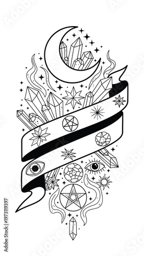 Mystical illustration with crescent moon and crystals.
